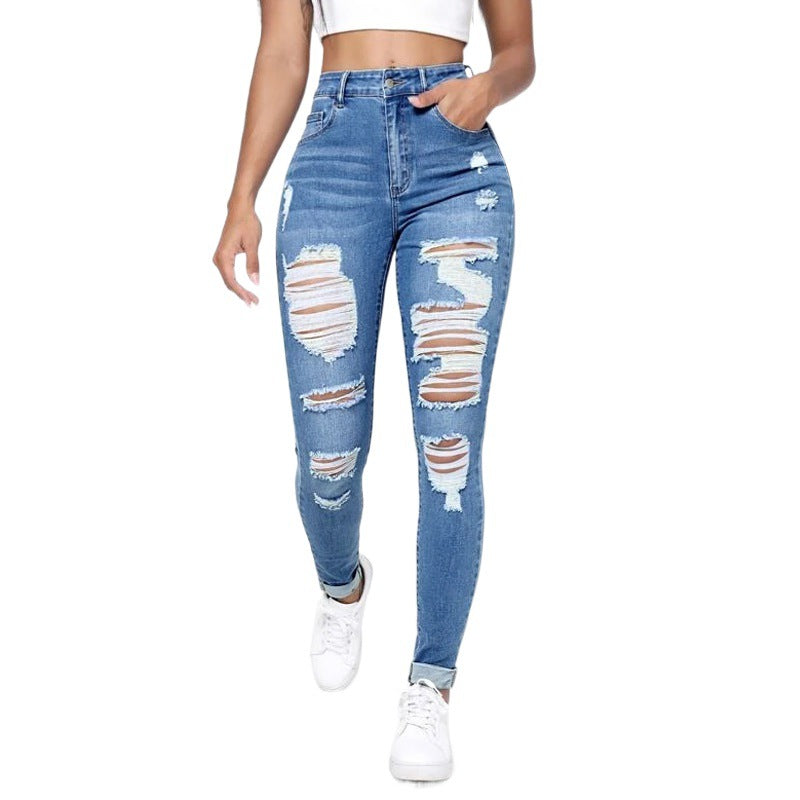 Skindbukser til damer med høj talje, slim fit, slankende huller, skinny bukser