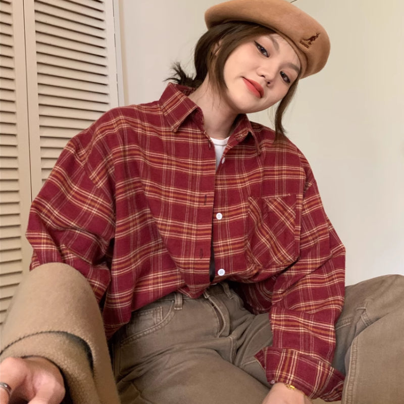 Polo Collar Brushed Shirt Women's Plaid Coat Top