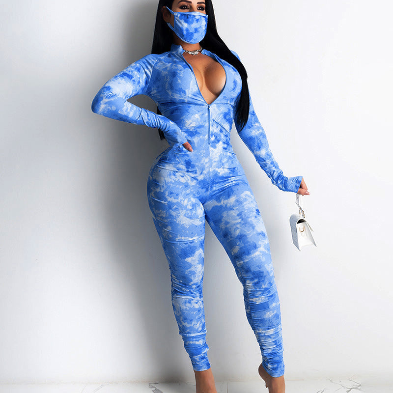 New Sports High Waist Tight Hip Raise Tie Dye Folded Bodysuit