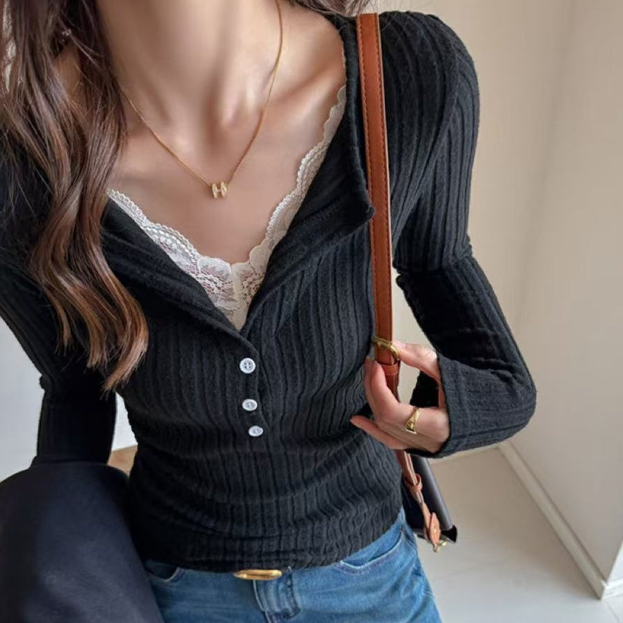 Fashion Lace Spliced Long Sleeve T-shirt Women