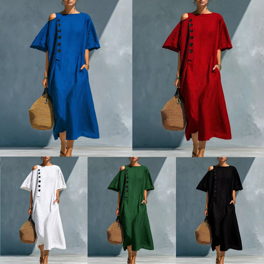 Solid-color Linen Crew-neck Short-sleeve Casual Dress For Women