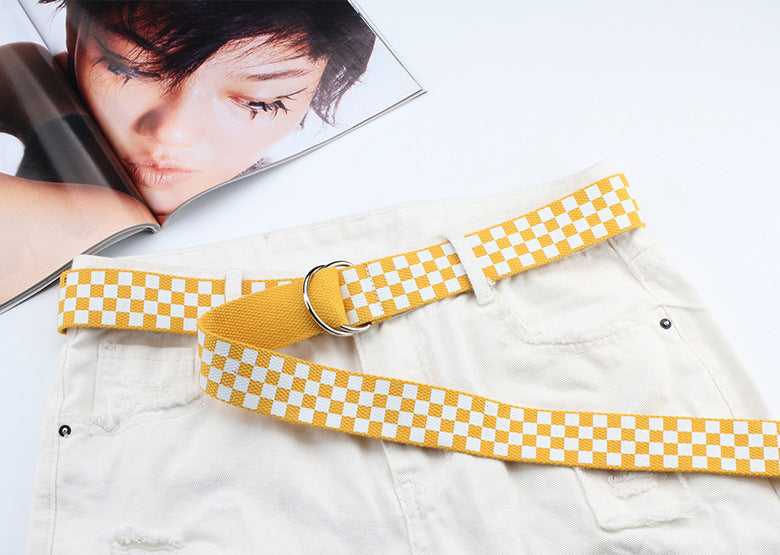 New Nylon Canvas Student Belt Fashion All-match Pant Double Ring Buckle Plaid Printed Jeans Belt