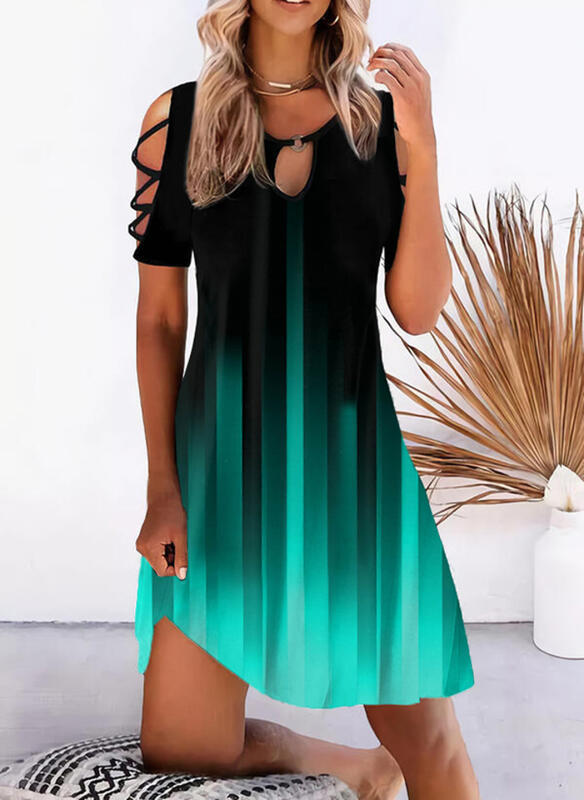 Womens Printed Short-Sleeve Off-Shoulder Casual Vacation Cinched Dress