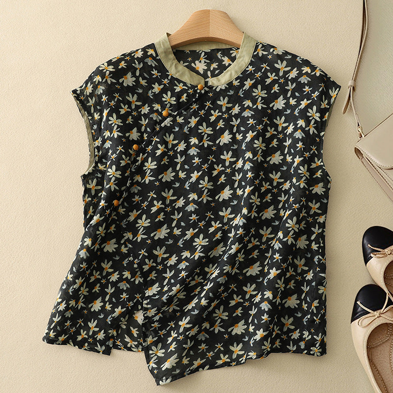 Women's New Chinese-style Sleeveless Shirt With Crossbody Buckle Printed Retro And Hipster Style Top
