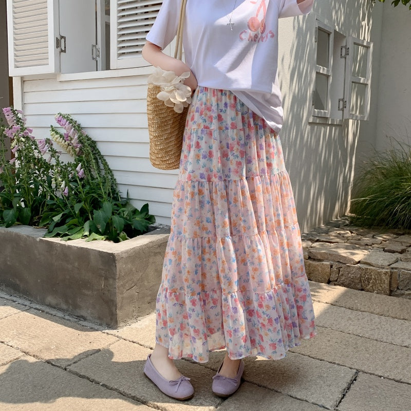 High Waist Drooping Printed Chiffon Floral Skirt For Women