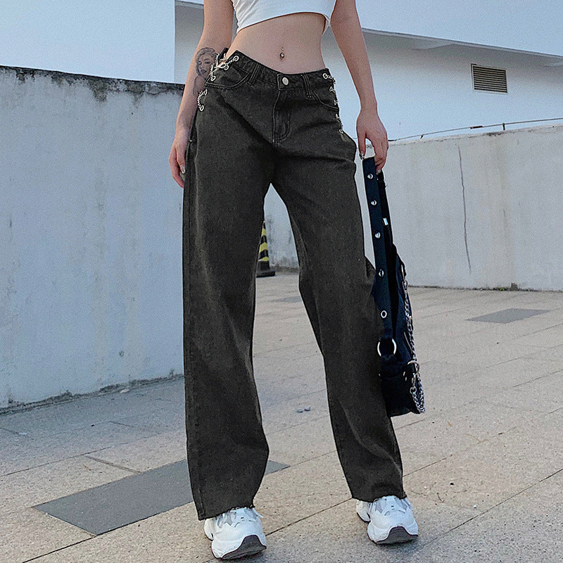 Irregular split hole high waist jeans