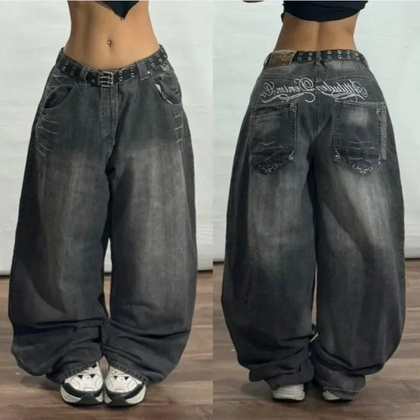 Washed Printed Loose Straight Wide-leg Jeans