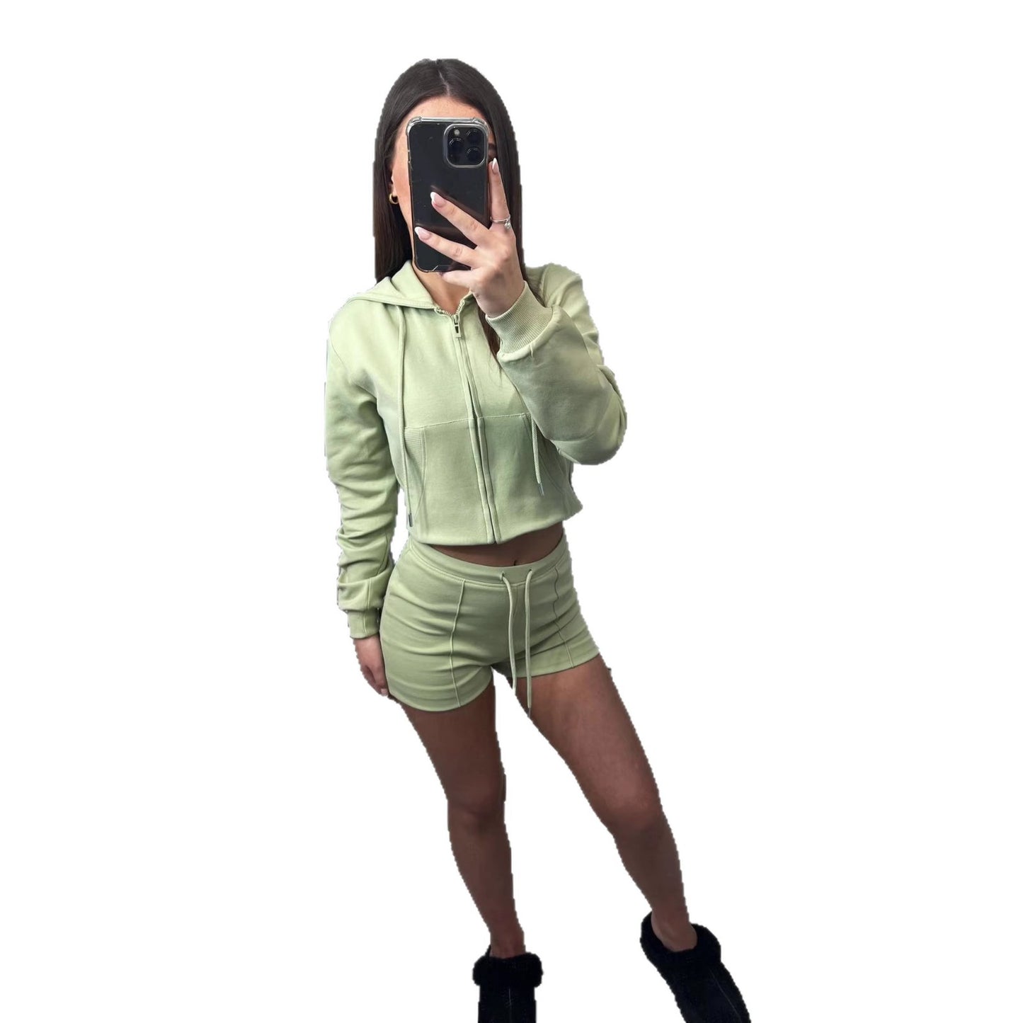 Dame Hættetrøje Oversized Sweatshirt Med Lommer Og Shorts Todelt Sæt