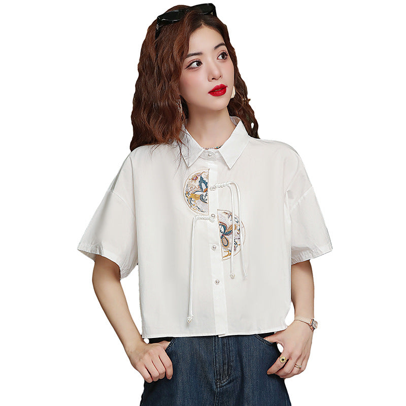 Women's Summer Loose Chinese Style Embroidery Short Shirt Top
