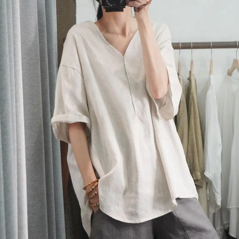 Half-sleeved Casual Loose-fitting Plus Size V-neck Top T-shirt With Short Sleeves