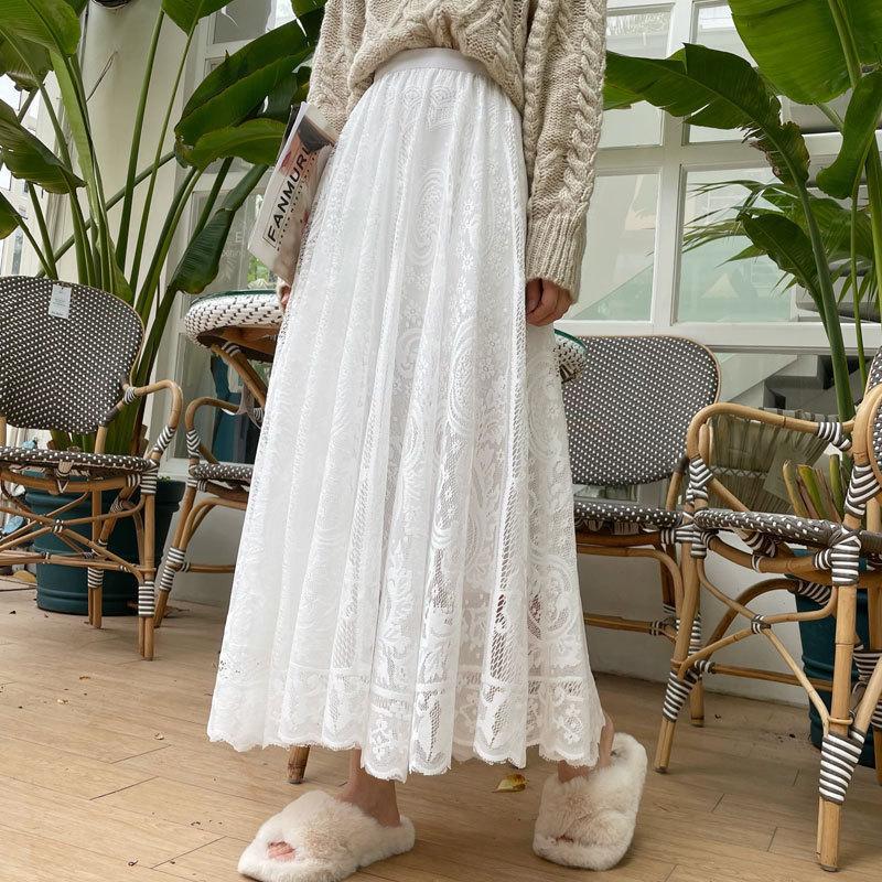 Womens Lace Full-Flared Midi Skirt