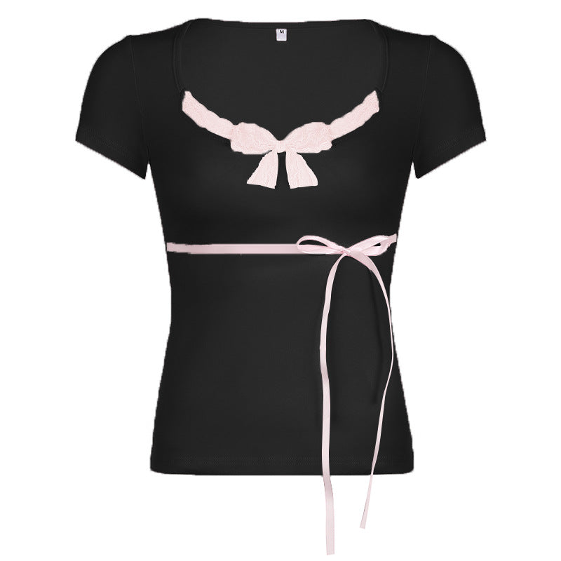 Pure Desire Girl Lace Stitching Satin Lace Design T-shirt Sweet All-matching Square-neck Cinched Bow Top