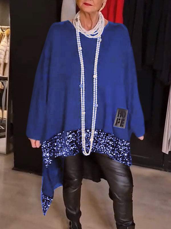 Loose And Irregular Hem Sequin Stitching Round Neck Long Sleeve Top