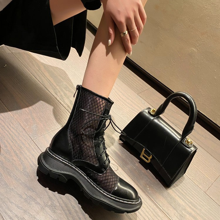 Short Martin Boots With Trifle Heel And Round Toe Front Lace-Up Back Zipper