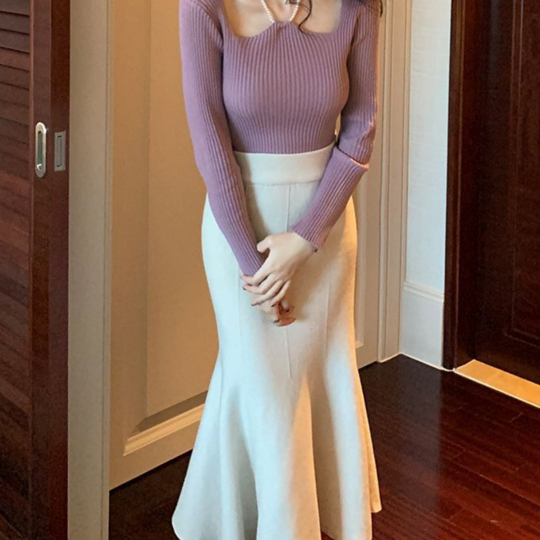 Womens Solid-Colored French-Style Retro High-Waist Knitted Fishtail Skirt