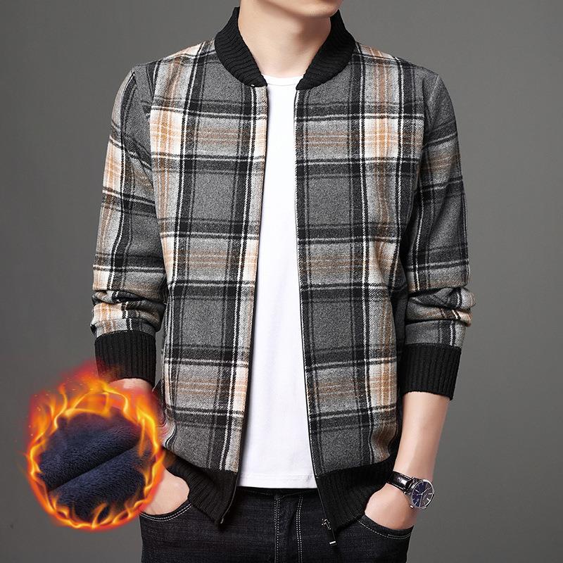 Fleece Jacket Zipper Cardigan Casual Plaid