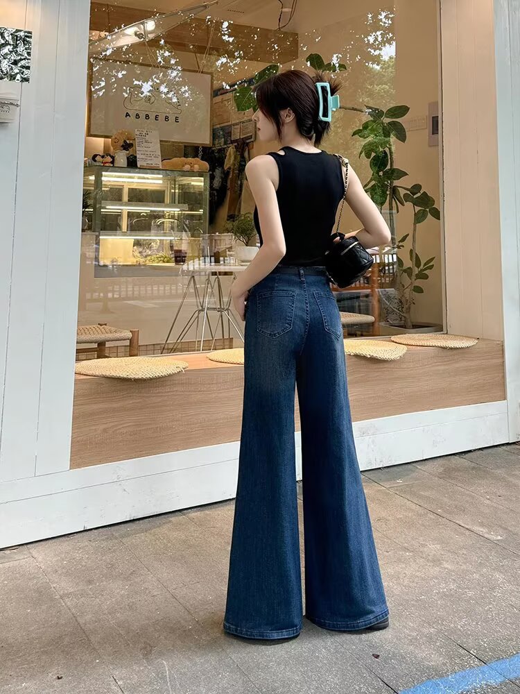 Retro Blue Wide-Leg Denim Jeans For Women, Autumn Supermarket Style