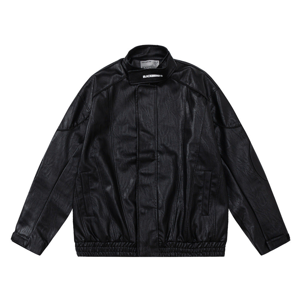 Loose Casual Deconstructing Patchwork Stand-up Collar PU Leather Jacket Coat