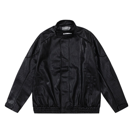 Loose Casual Deconstructing Patchwork Stand-up Collar PU Leather Jacket Coat