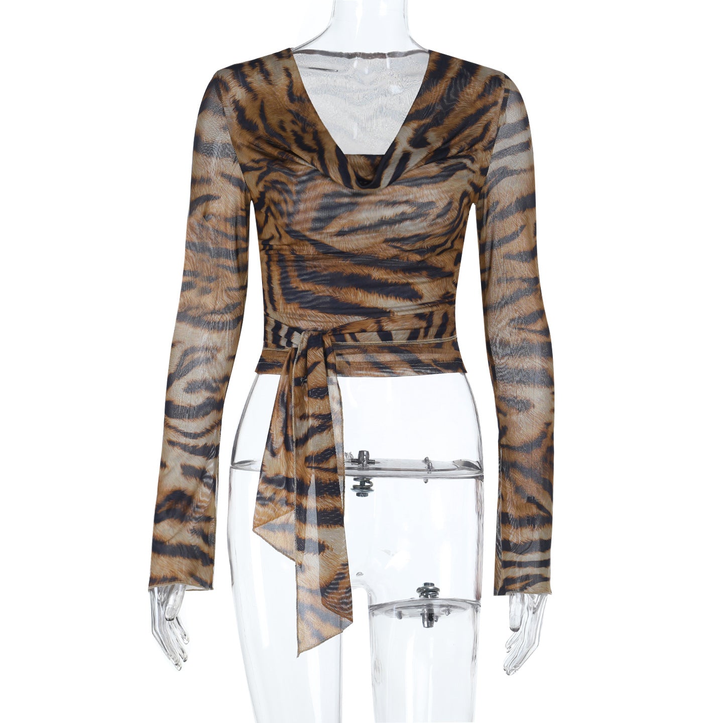 Sexet top med dyb V-hals og leopardprint med lange ærmer