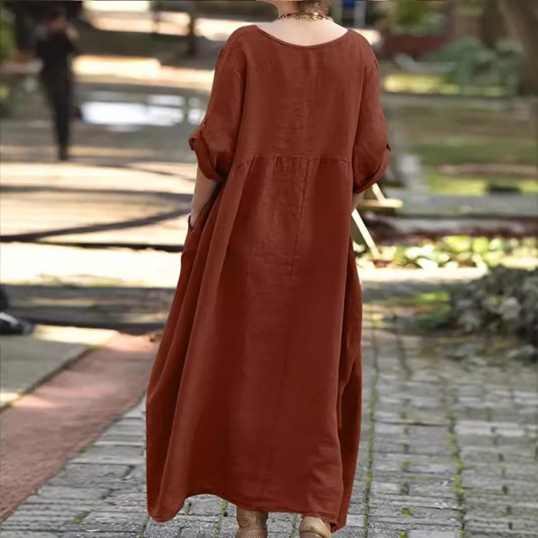 Women's Casual Cotton-Linen Loose Fit Swing Dress