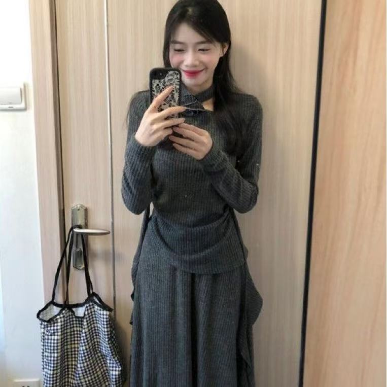 Lady's High-end Irregular Knit Top And Skirt Set