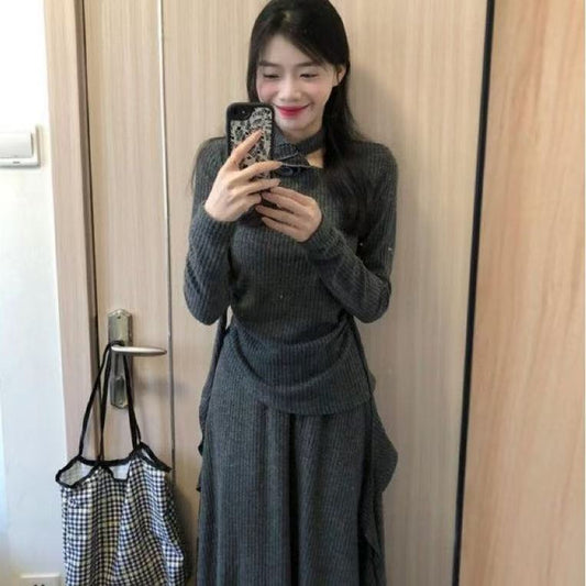 Lady's High-end Irregular Knit Top And Skirt Set