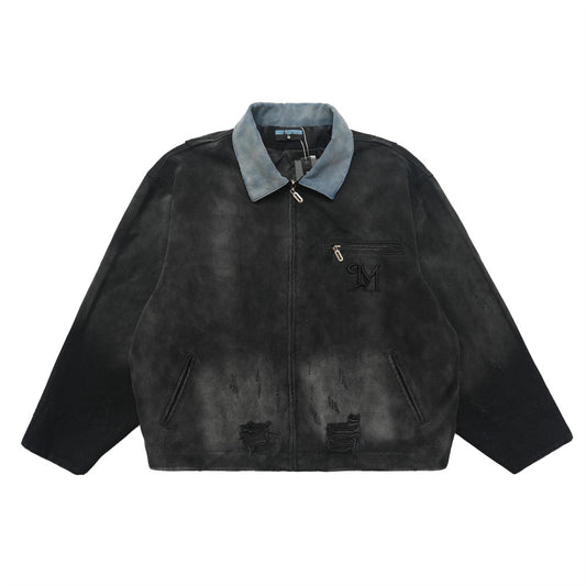 American Retro Canvas Workwear Contrast Color Lapels Denim Jacket