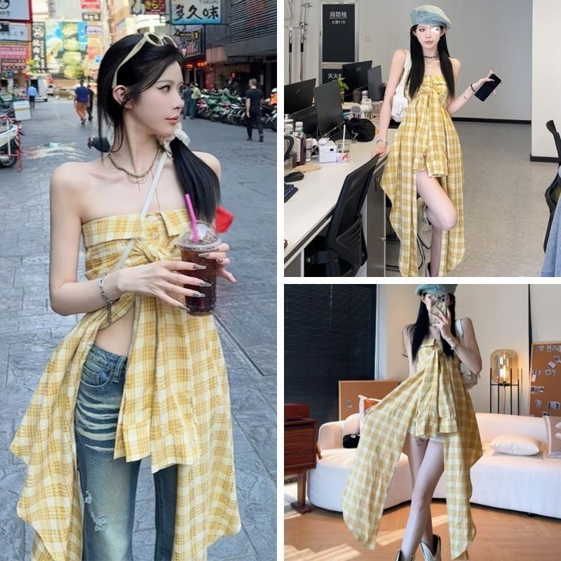 Women's Irregular Yellow Plaid Tube Dress