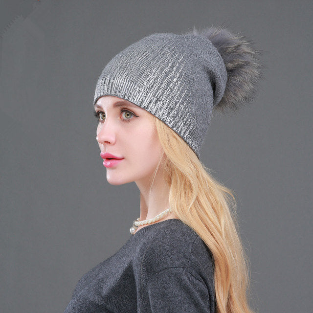 Warm Wool Knitted Hat Women's Hot Gold And Silver Color Women