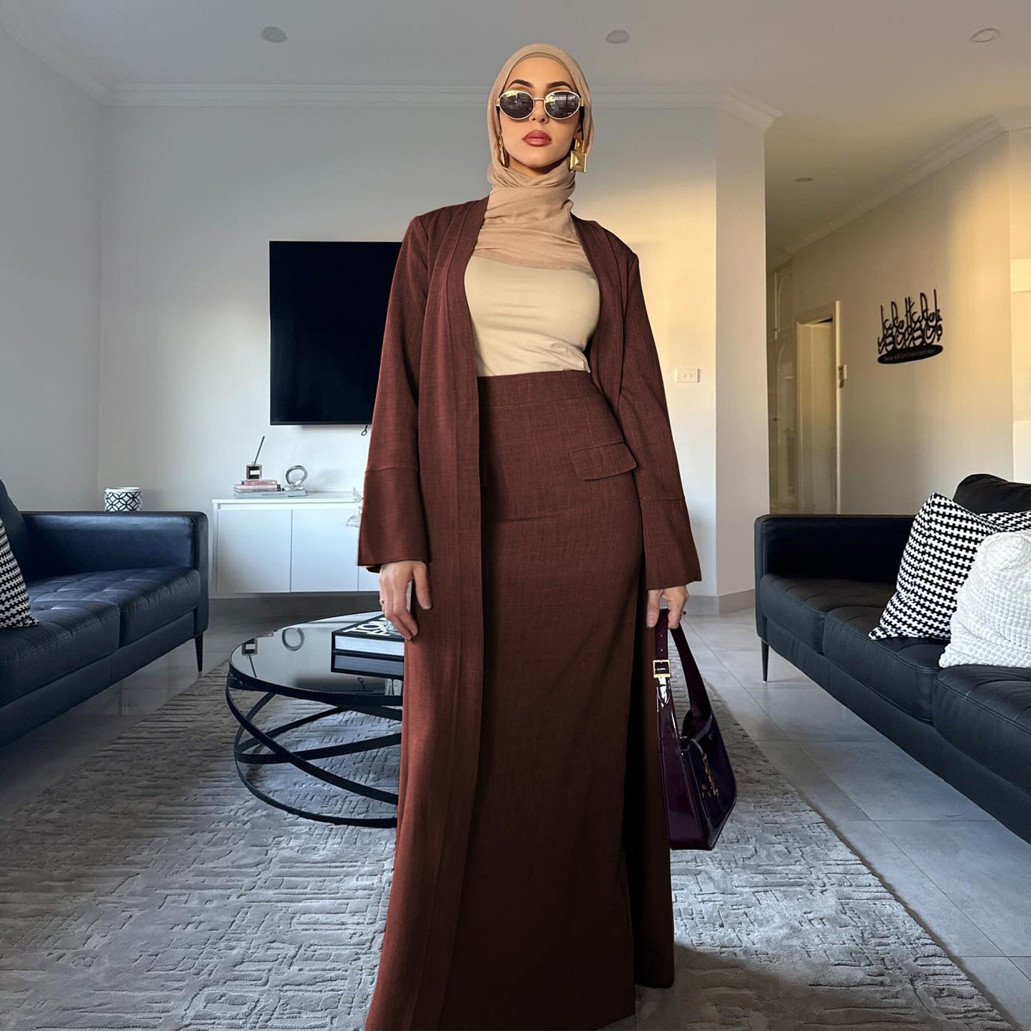 Dubai Fashion Solid Color Cardigan Skirt Two-Piece Set