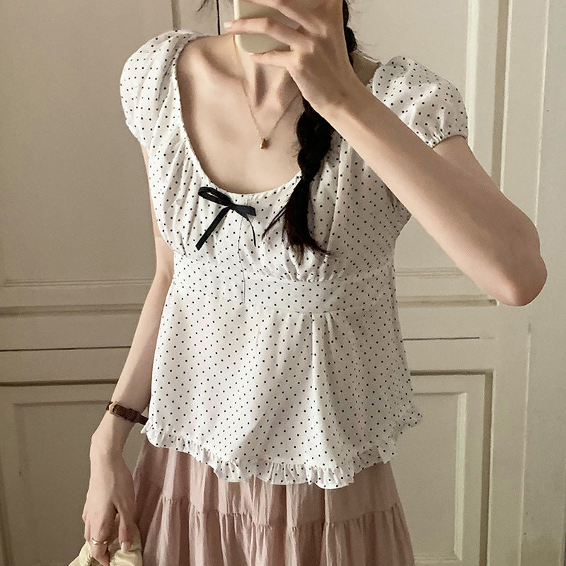 Hong Kong Style Retro Chic Red Polka Dot Bow Short Sleeve