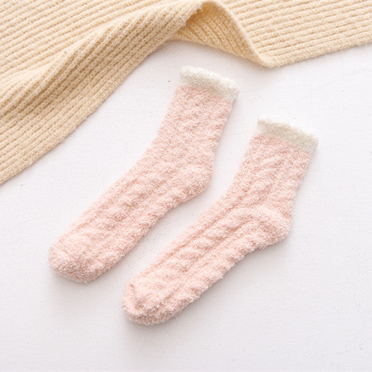 Solid color coral fleece mid-tube women's socks