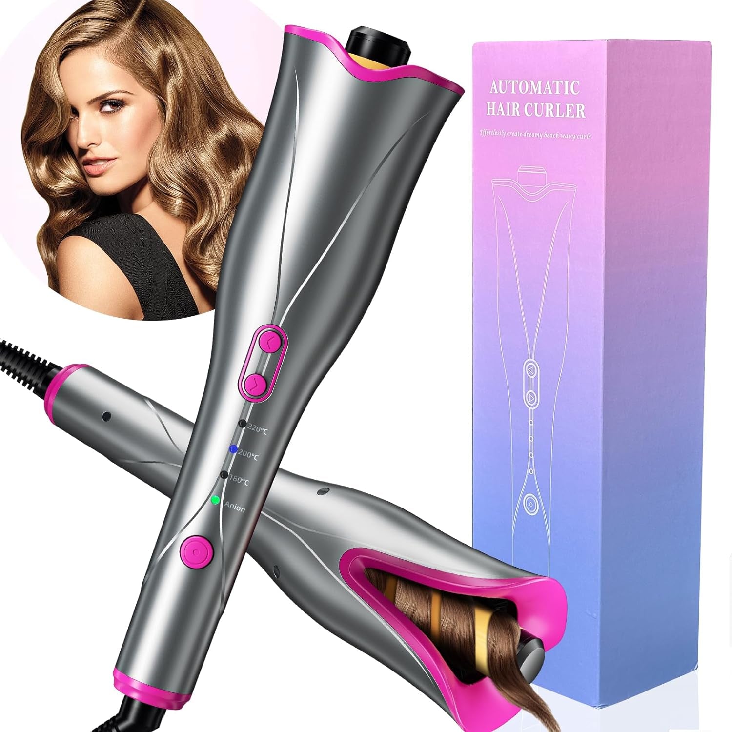 Rizador De Pelo Automático,Iones Negativos Tenacillas Pelo Con 3 Temperaturas Ajustables,Calentamiento Rápido,Dirección De Rizado Ajustable,Anti Escaldado, Cable Antienredos Giratorio De 360 °