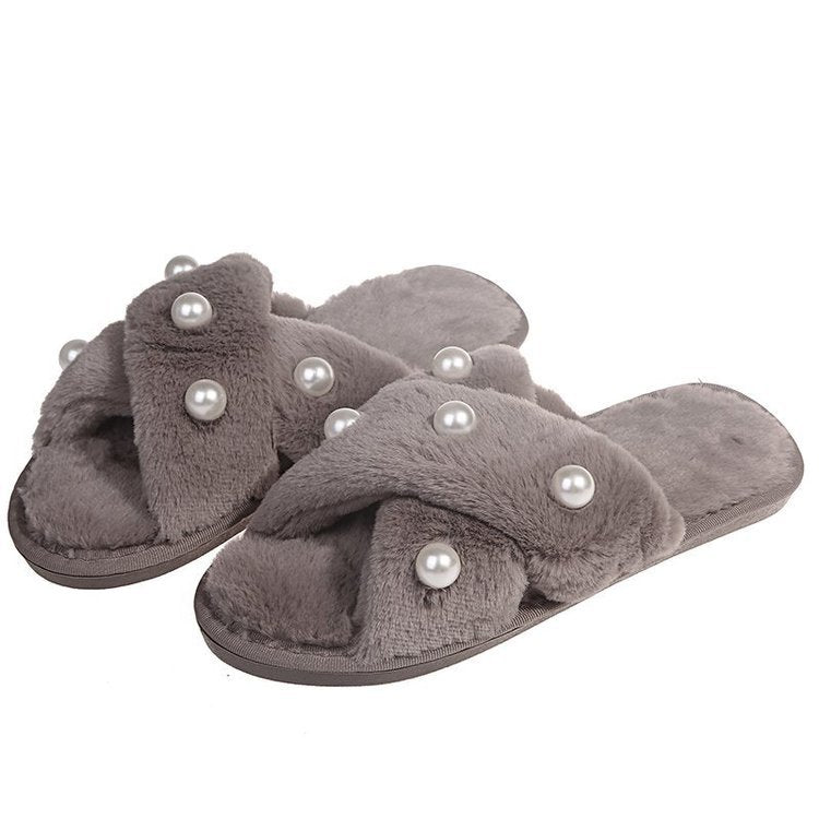 Women's Indoor And Outdoor Warm Pearl Cross Slippers
