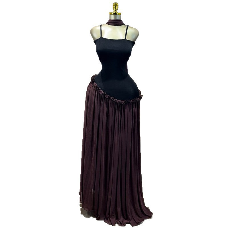 Sweet And Fresh Strap Spliced High-Waist Slimming A-Line Dress Long Dress