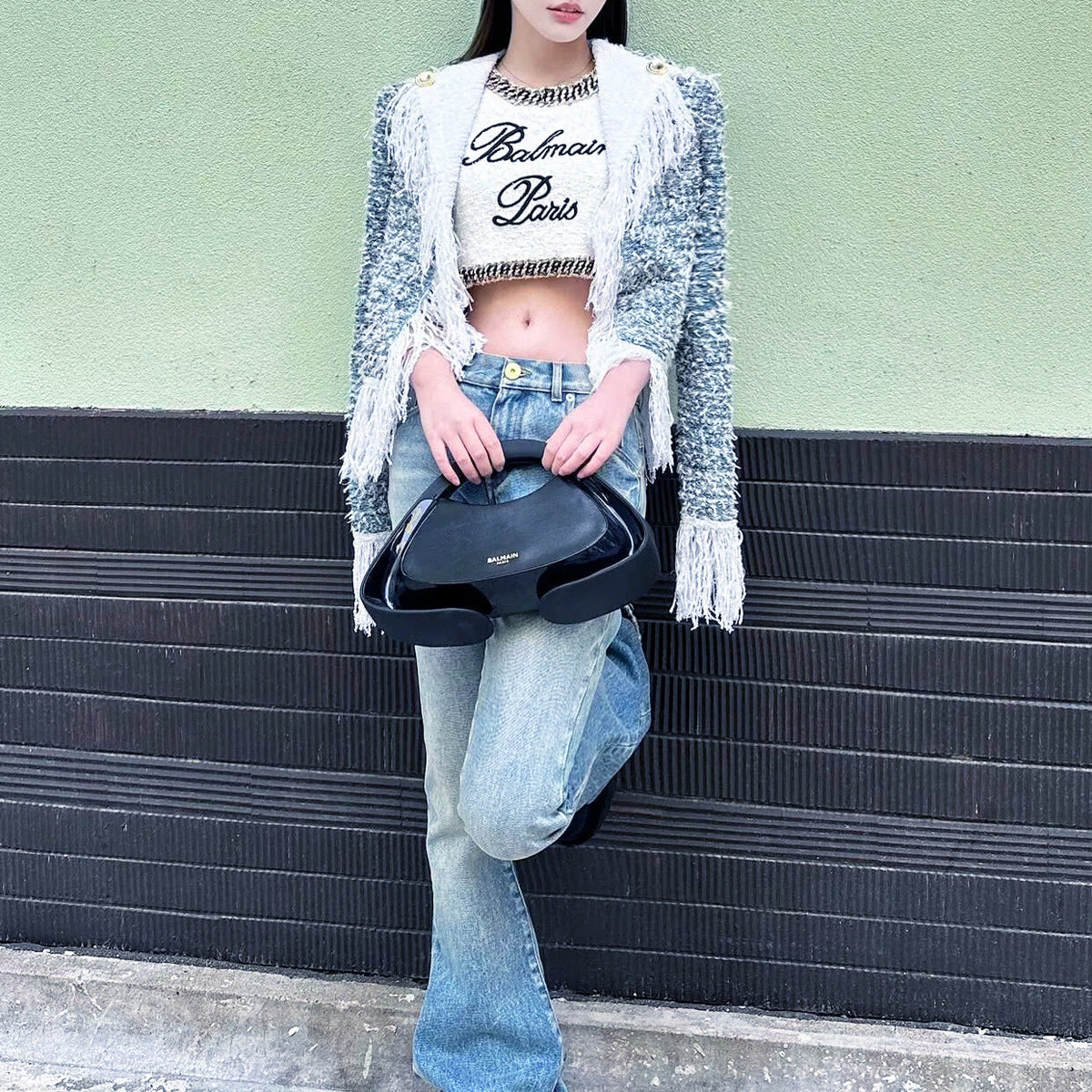 Blue Tassel Tweed Turn-down Collar Coat Elegant Socialite Top