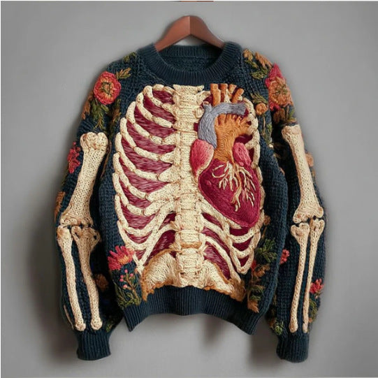 Womens 3D Digital Print Crew-Neck Loose Sweater