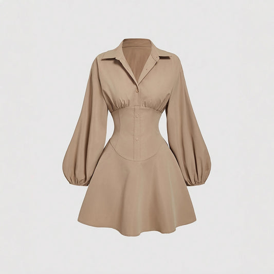 Sexy Lapel Blouse And A Fitted Bubble-sleeved Dress