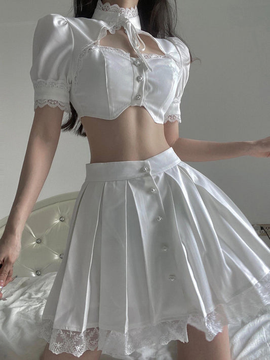 Female Sweet Niche Retro White Lace Top And Skirt