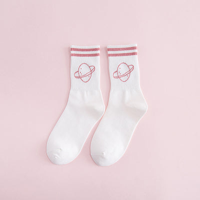 Women's solid color two-bar planet cotton sports socks