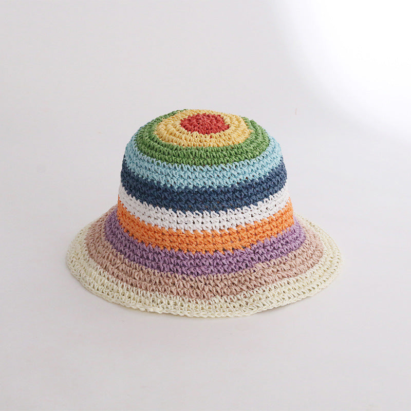 Women's Sun Protection Shade Straw Striped Fisherman Hat