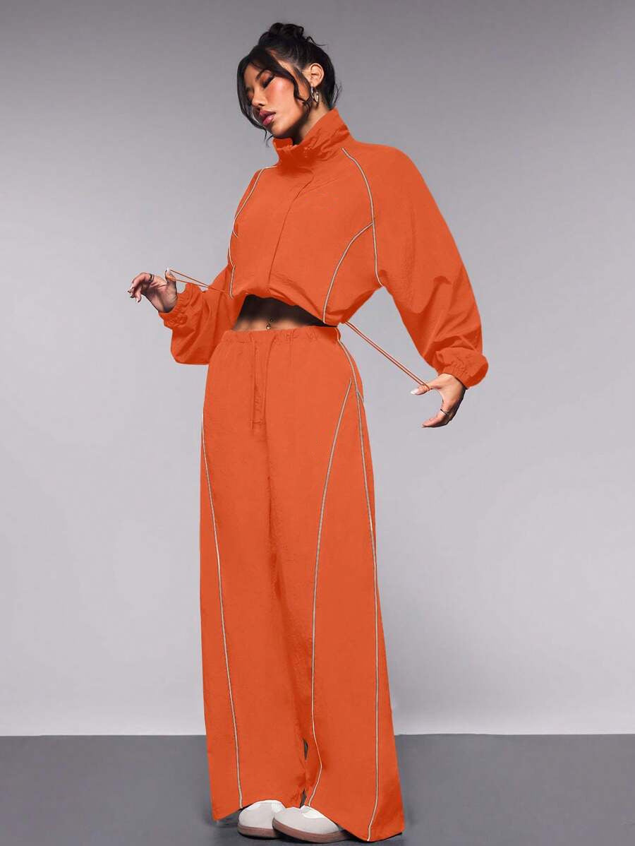 Womens Color-Block Drawstring Sports Jacket And Pants Set