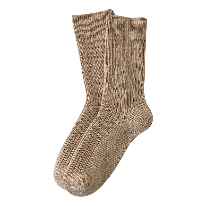 Solid-color Vertical-striped Wool Womens Socks For Fall And Winter