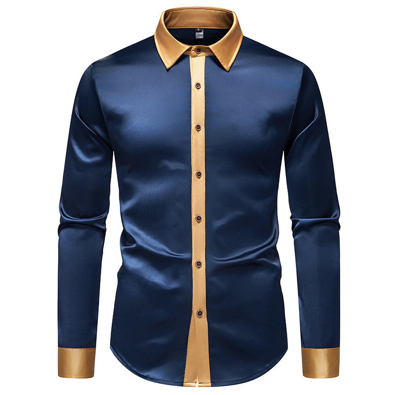 Mens Fashionable Satin-Soft Colorblock Long-Sleeve Shirt