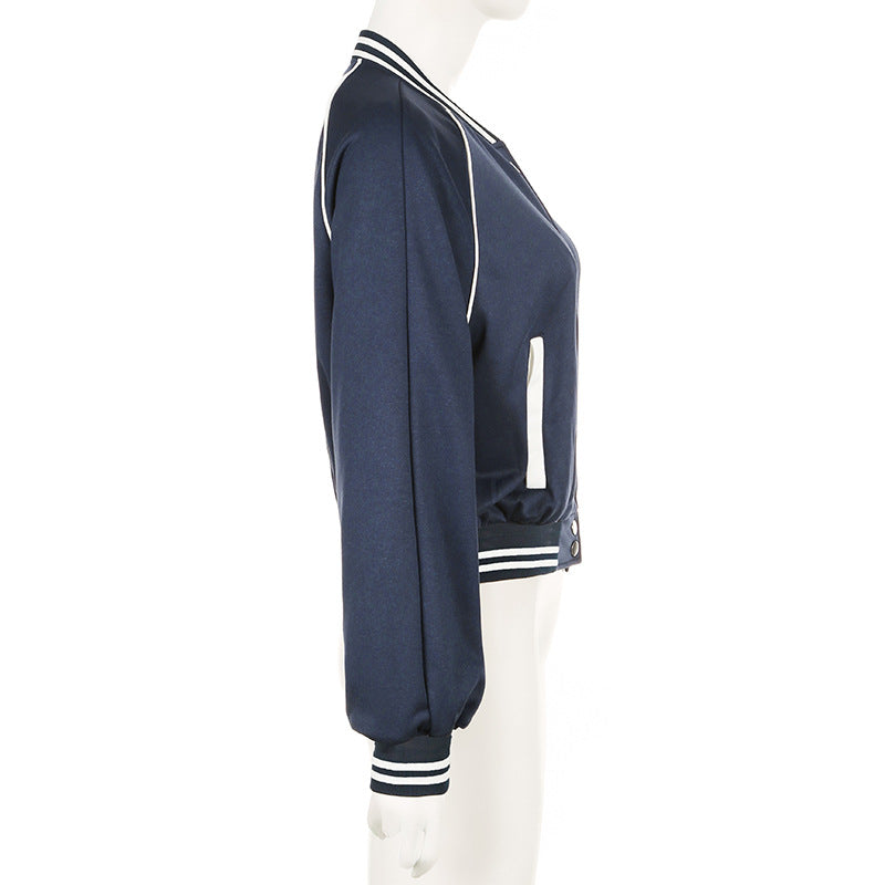 American Retro College Style Color Contrast Patchwork Stand Collar Breasted Baseball Uniform