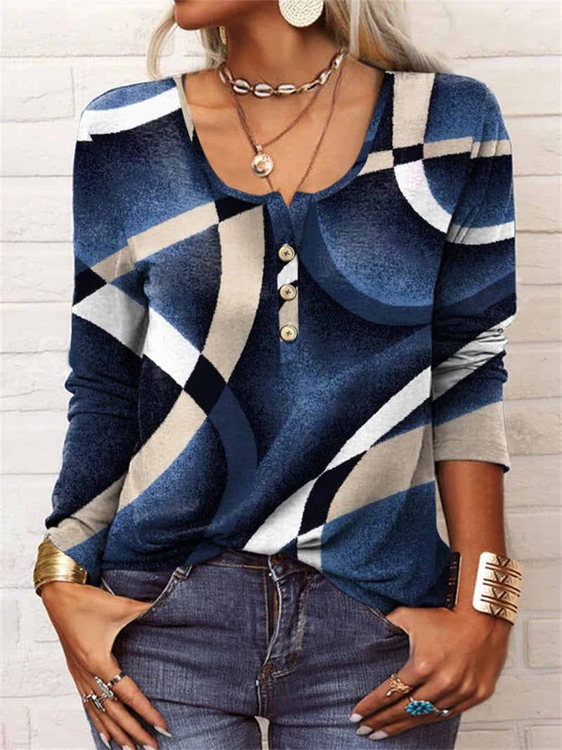 Women's Long-Sleeve Printed V-Neck Loose T-Shirt