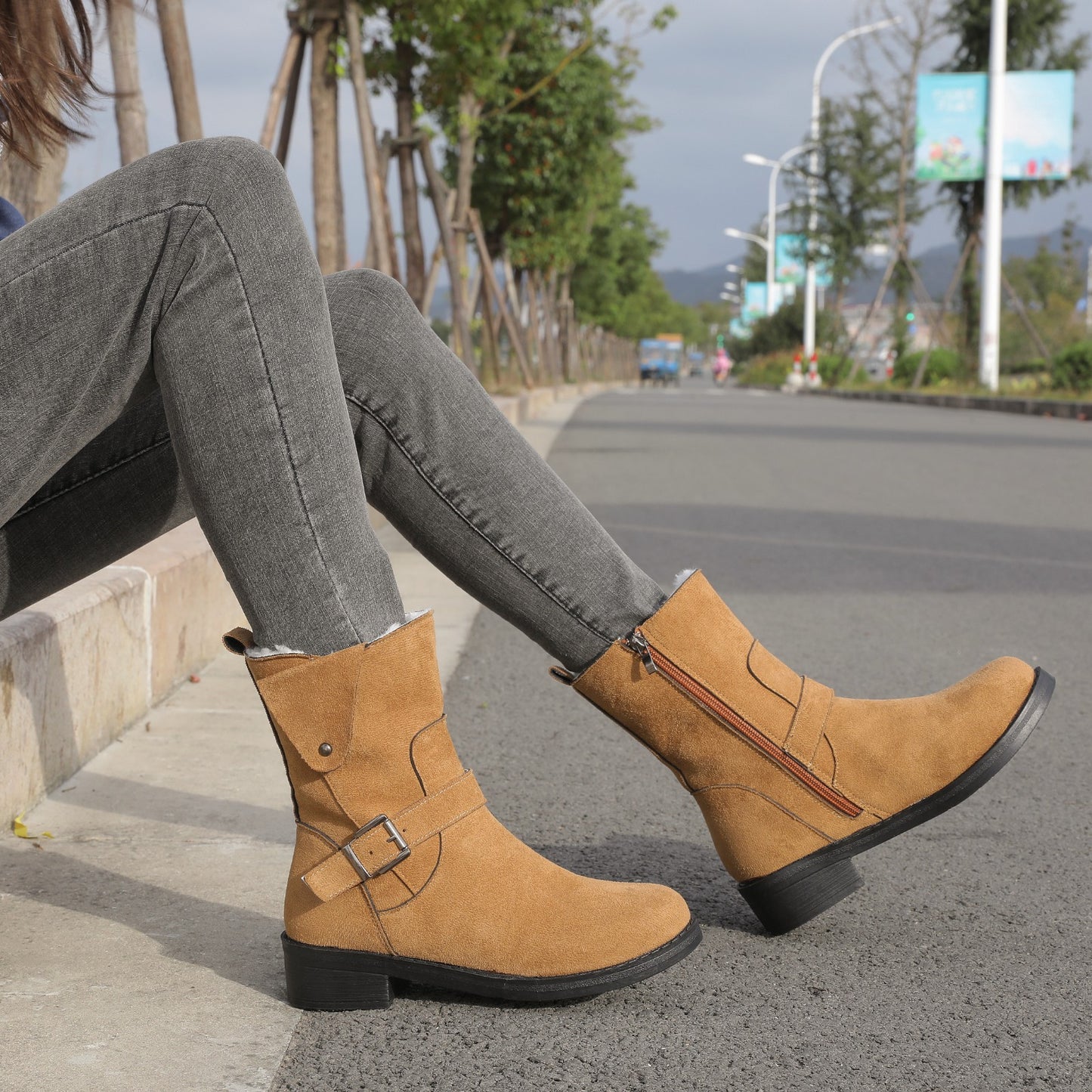 European And American Belt Buckle Flat-Bottomed Comfortable Warm Thin Boots
