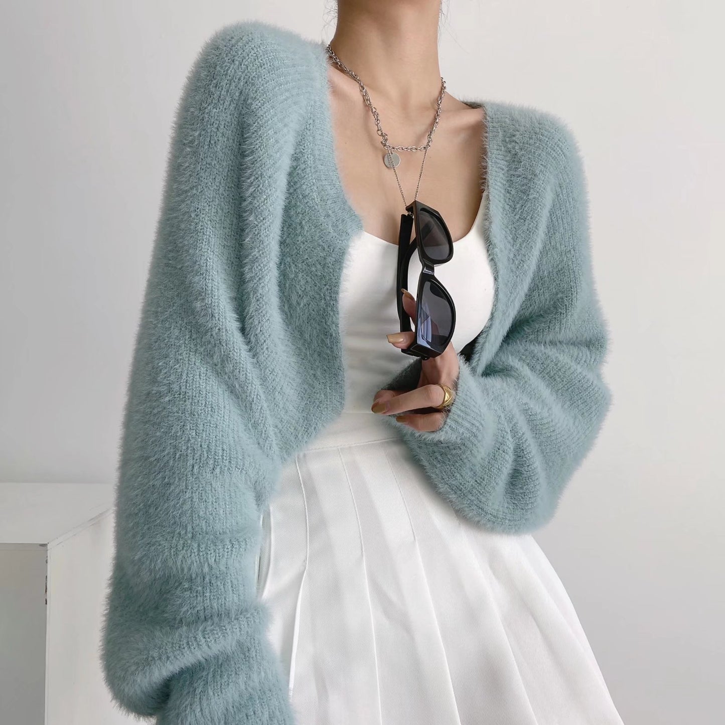 Furry Long Sleeve Short Loose Blouse Outer Sweater Coat For Women