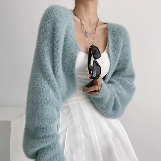 Furry Long Sleeve Short Loose Blouse Outer Sweater Coat For Women